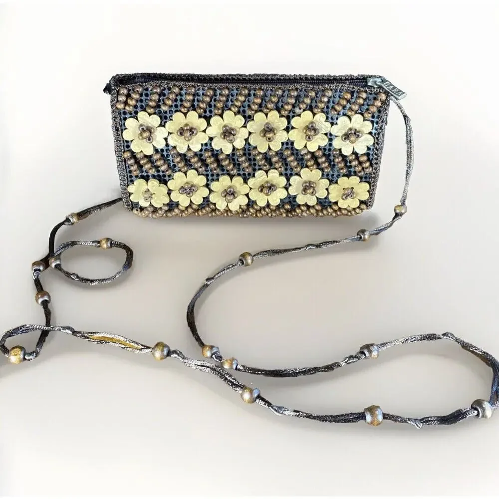Coconut Shell & Wood Bead Flowers Cross Body Purse Bag Artisan Boho Artsy Beachy